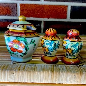 Vintage sugar bowl and salt and pepper shakers